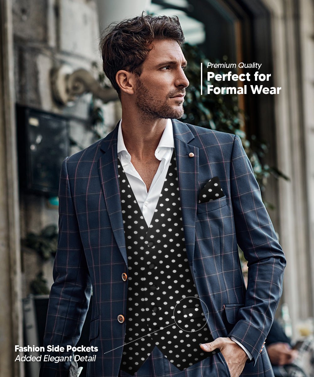 Vittorio Farina Men's White and Black Dot Polka Dot Vest, Necktie, Bow Tie and Pocket Square Set