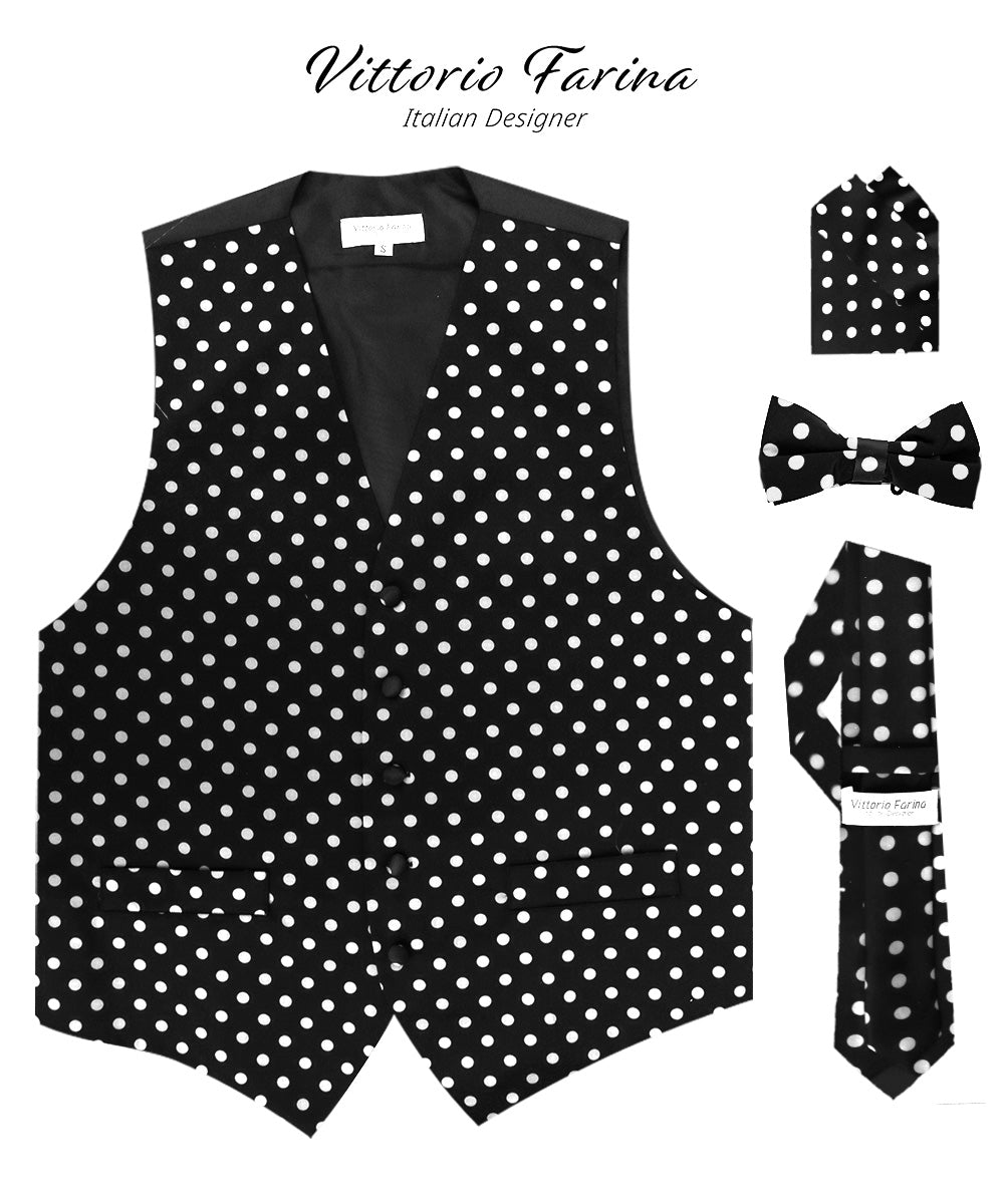 Vittorio Farina Men's White and Black Dot Polka Dot Vest, Necktie, Bow Tie and Pocket Square Set