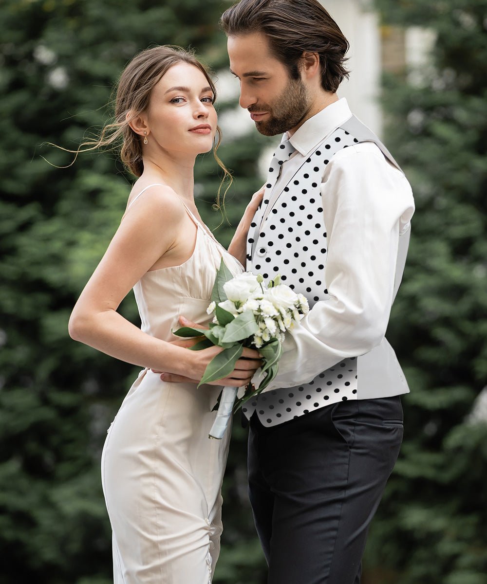 Vittorio Farina Men's White and Black Dot Polka Dot Vest, Necktie, Bow Tie and Pocket Square Set