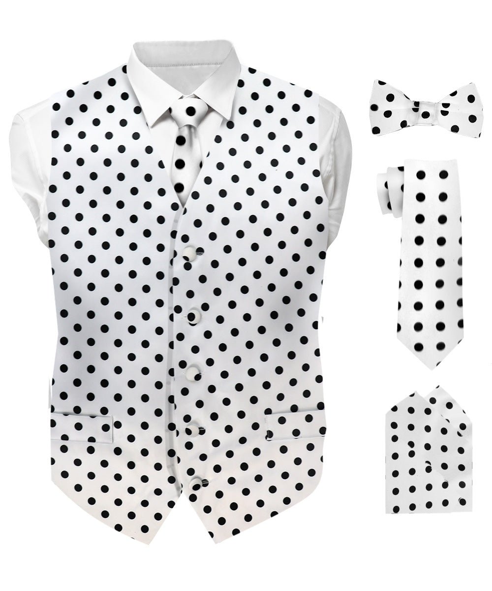 Vittorio Farina Men's White and Black Dot Polka Dot Vest, Necktie, Bow Tie and Pocket Square Set