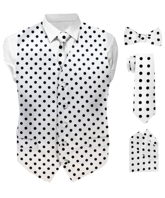Vittorio Farina Men's White and Black Dot Polka Dot Vest, Necktie, Bow Tie and Pocket Square Set