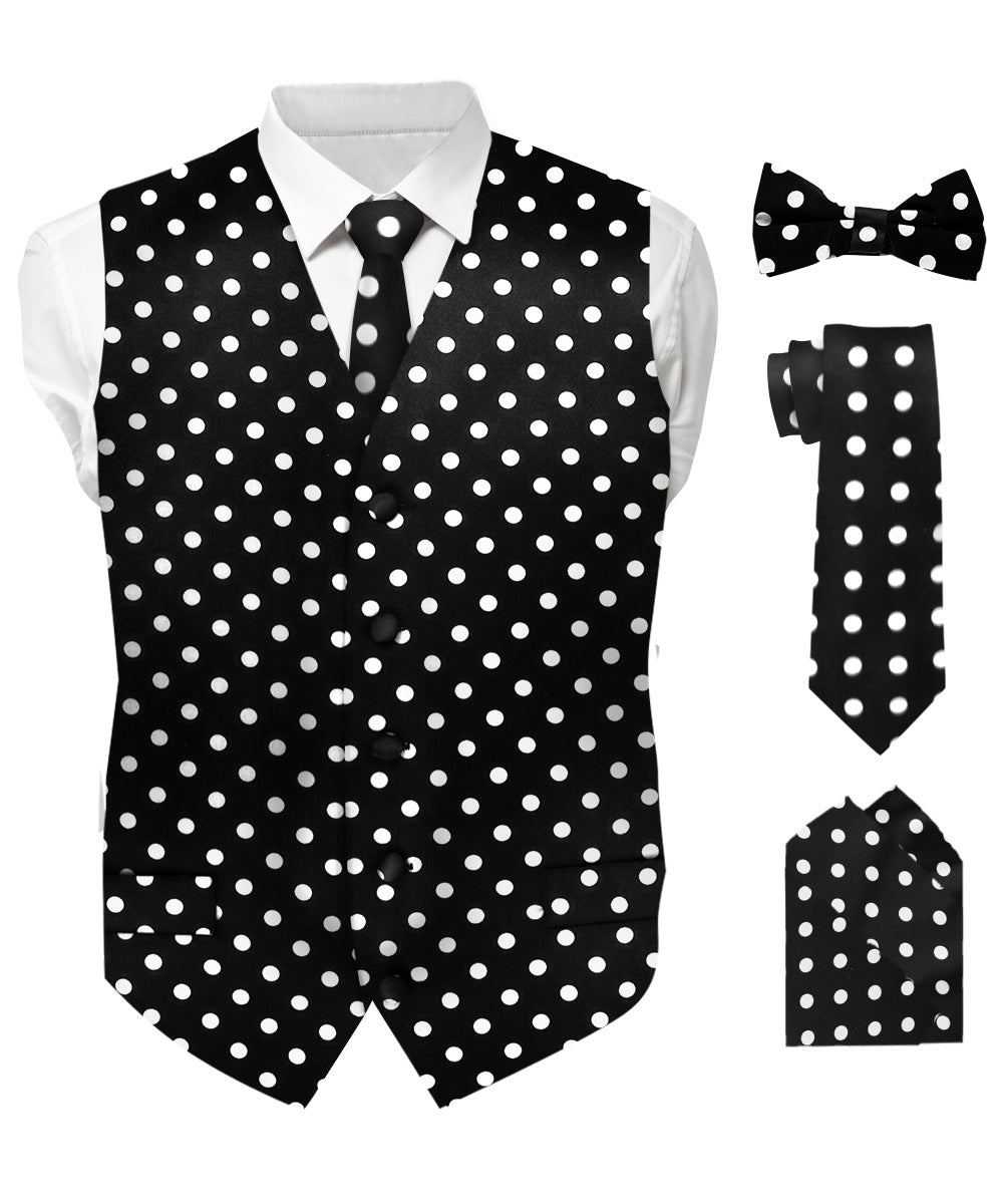 Vittorio Farina Men's White and Black Dot Polka Dot Vest, Necktie, Bow Tie and Pocket Square Set