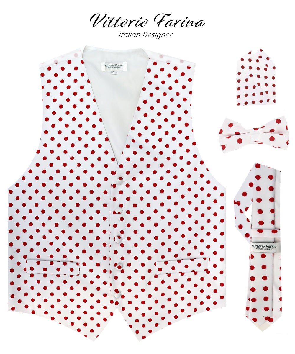 Vittorio Farina Men's White and Black Dot Polka Dot Vest, Necktie, Bow Tie and Pocket Square Set