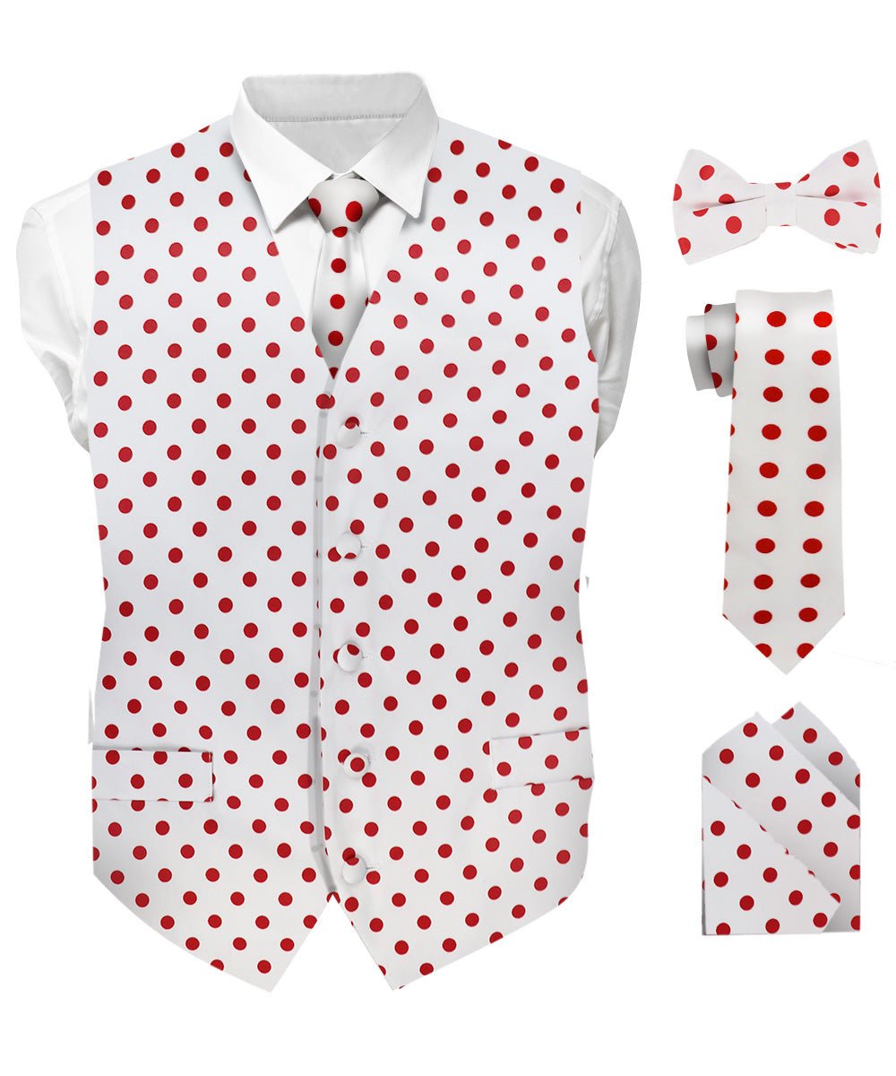 Vittorio Farina Men's White and Black Dot Polka Dot Vest, Necktie, Bow Tie and Pocket Square Set