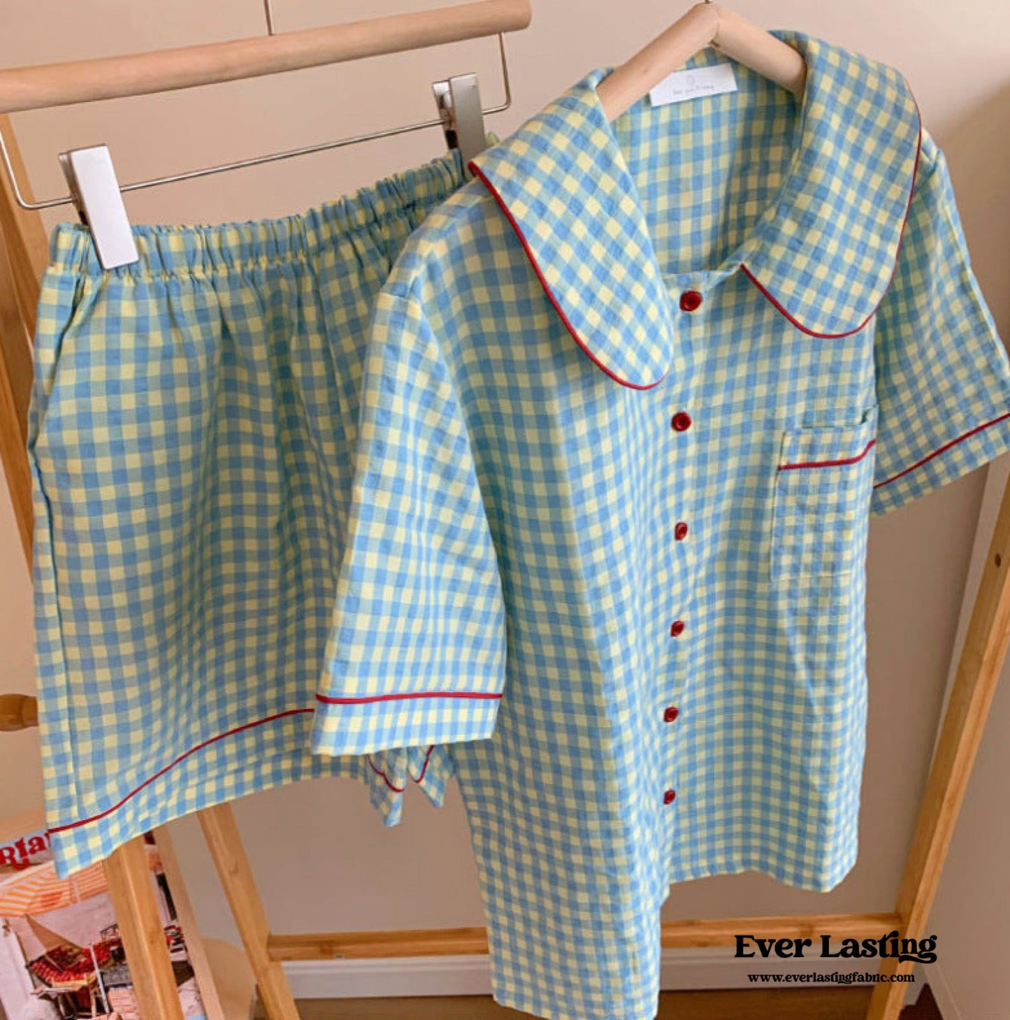 Vintage Inspired Gingham Shorts Pajama Set / Blue Red