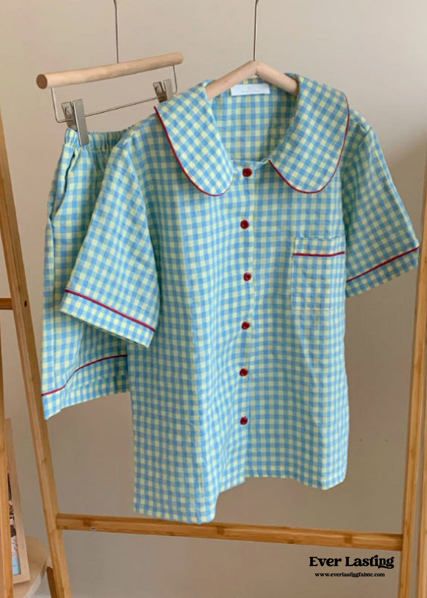Vintage Inspired Gingham Shorts Pajama Set / Blue Red