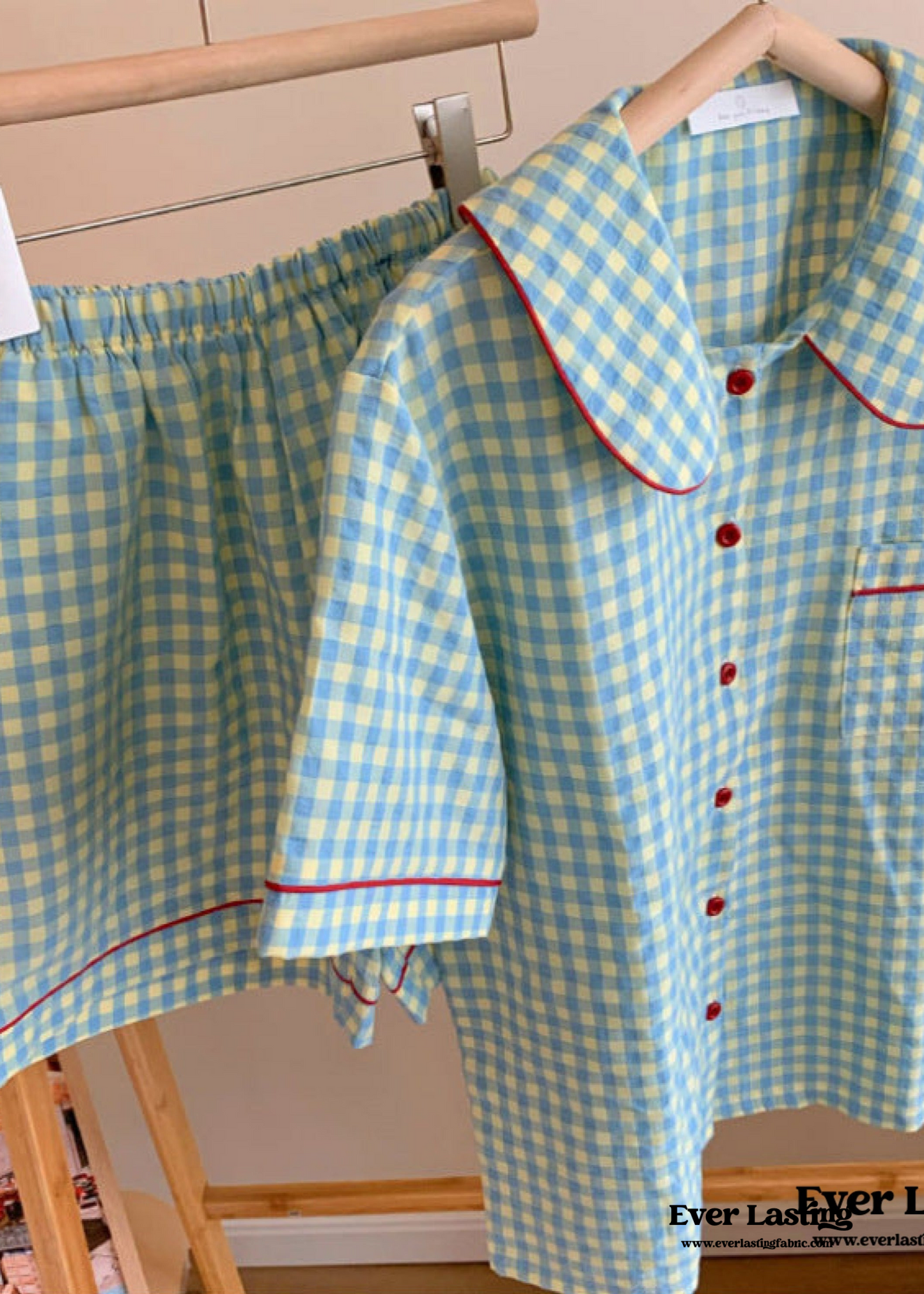 Vintage Inspired Gingham Shorts Pajama Set / Blue Red