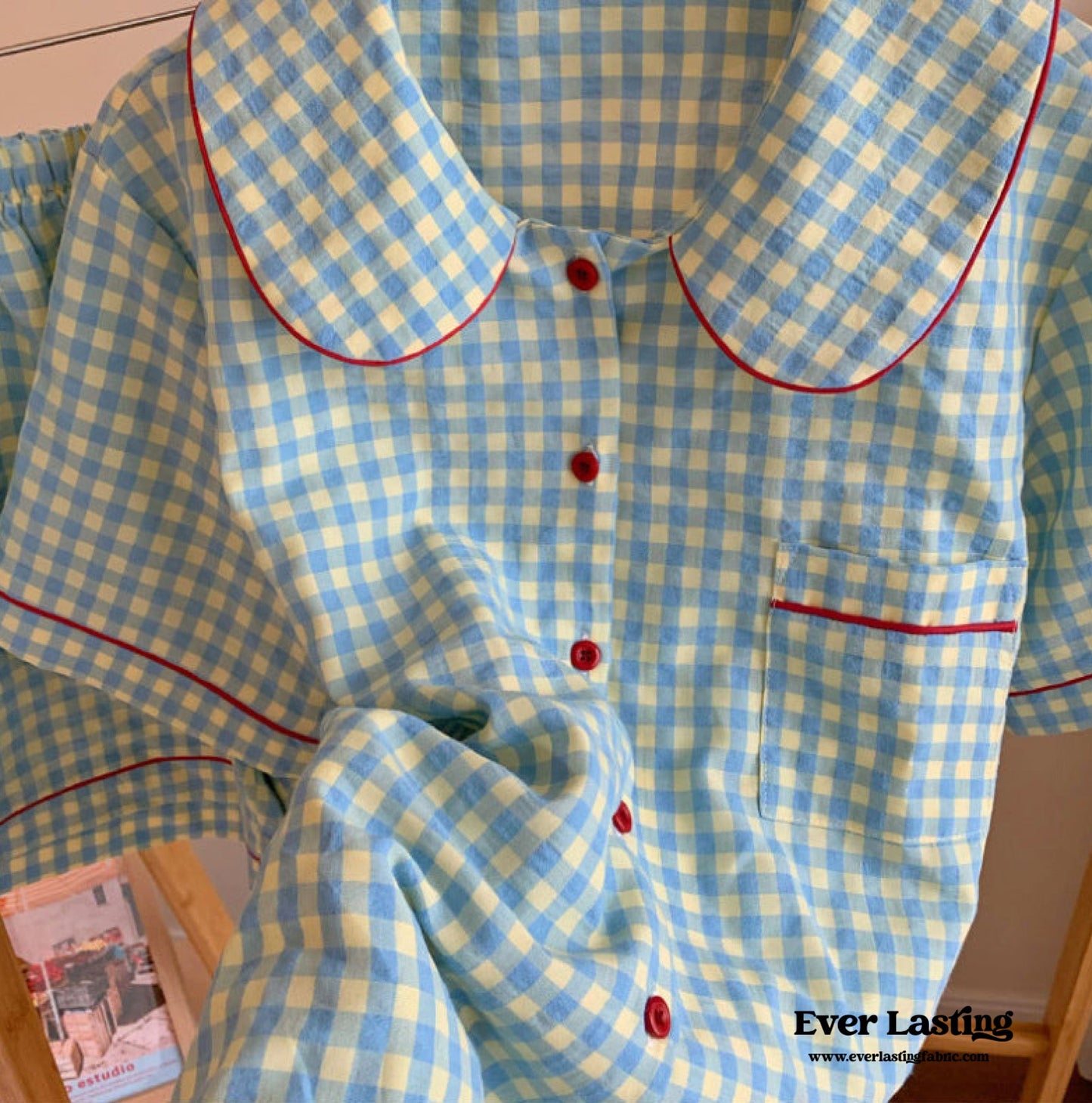 Vintage Inspired Gingham Shorts Pajama Set / Blue Red