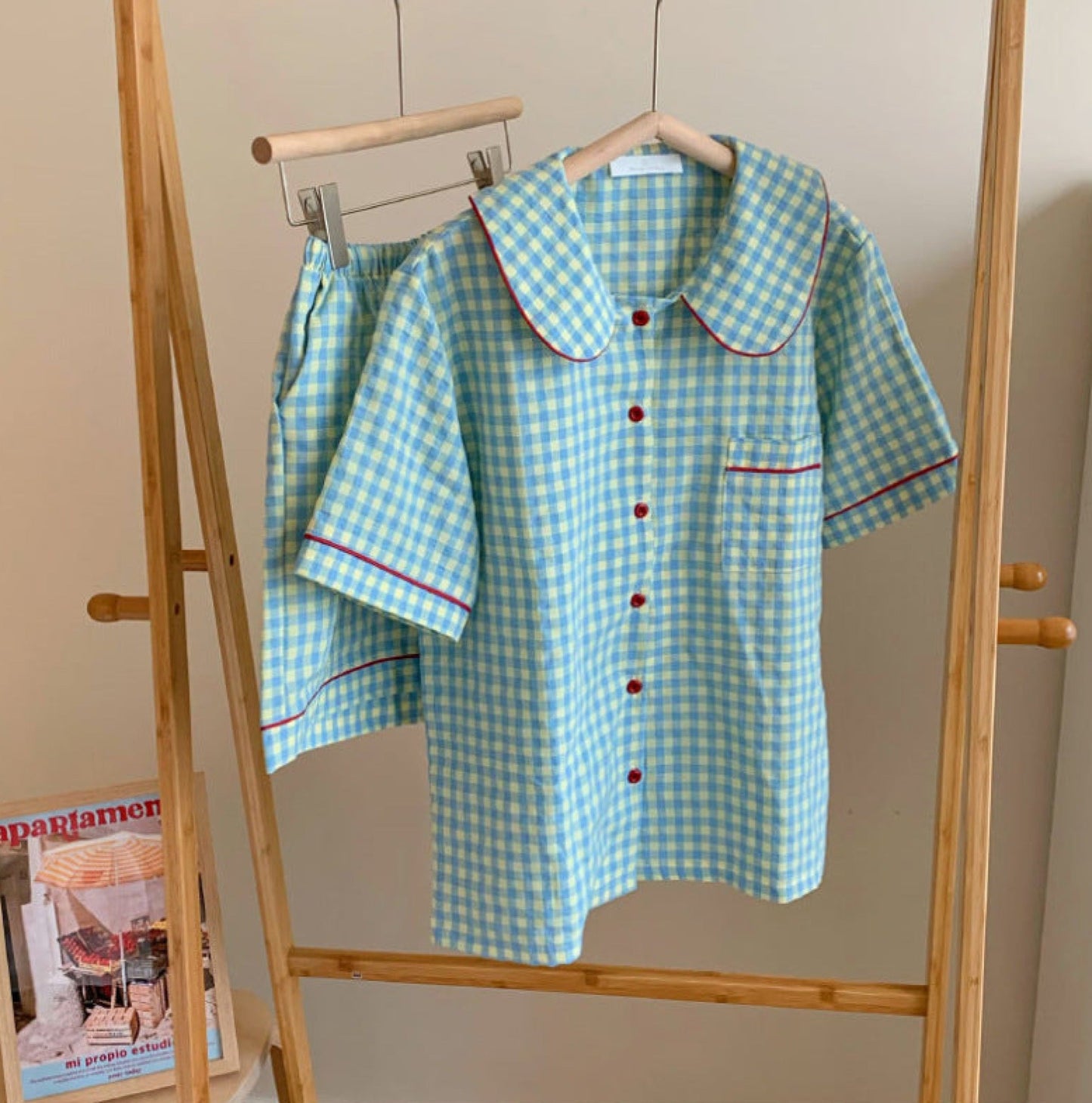 Vintage Inspired Gingham Shorts Pajama Set / Blue Red