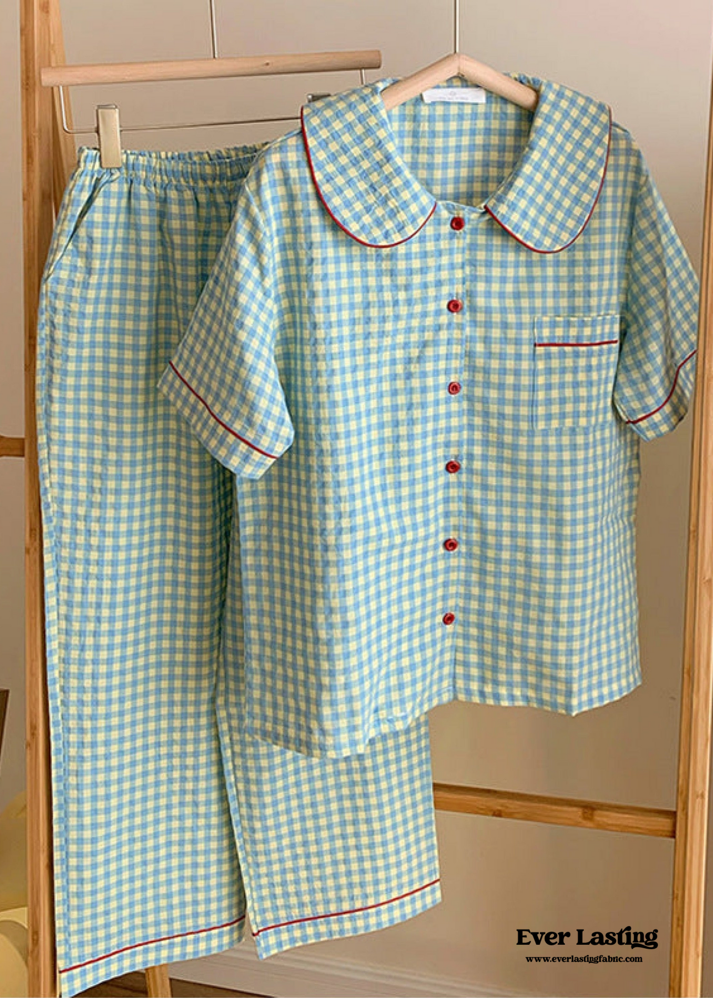 Vintage Inspired Gingham Shorts Pajama Set / Blue Red