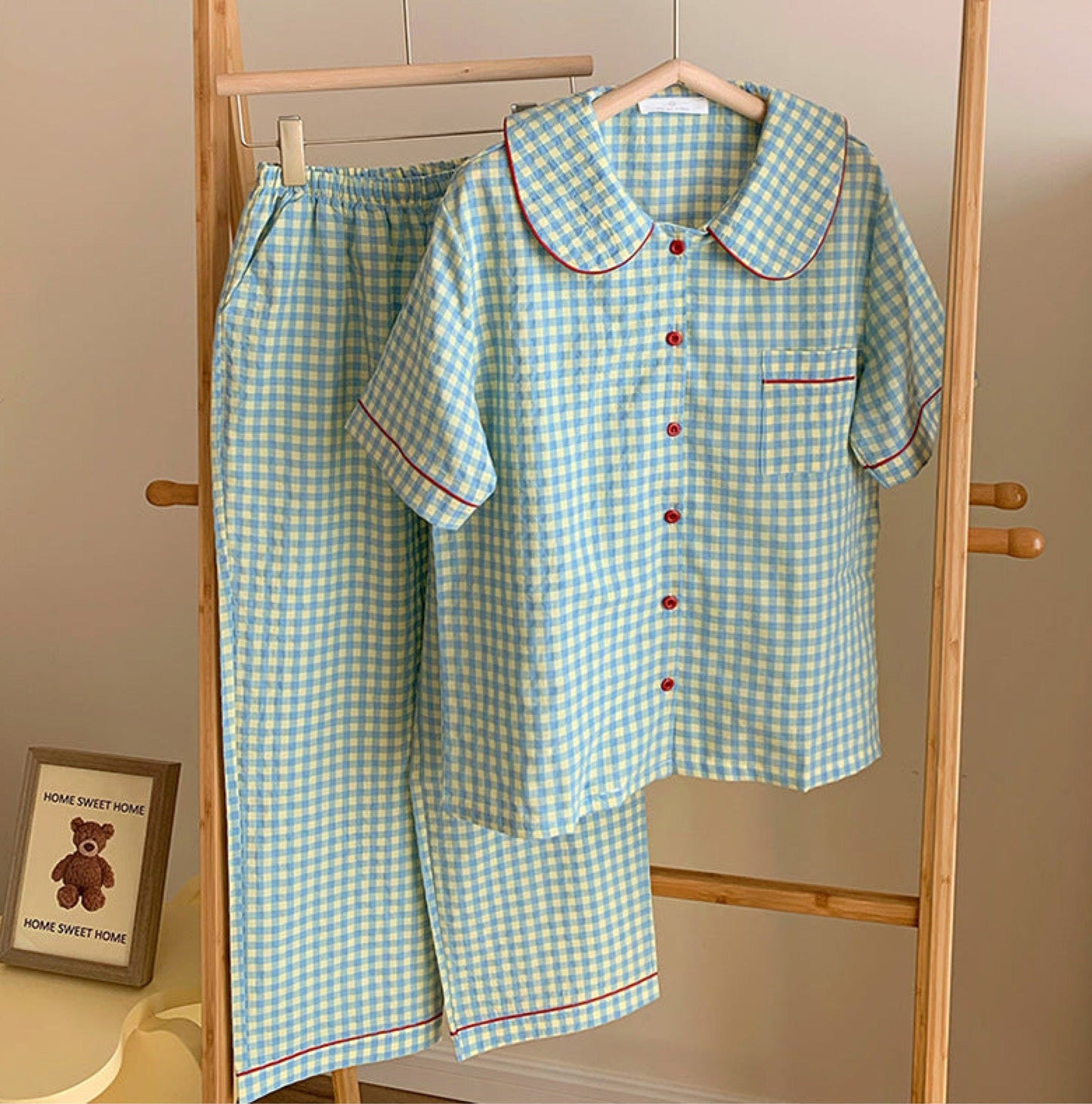 Vintage Inspired Gingham Shorts Pajama Set / Blue Red