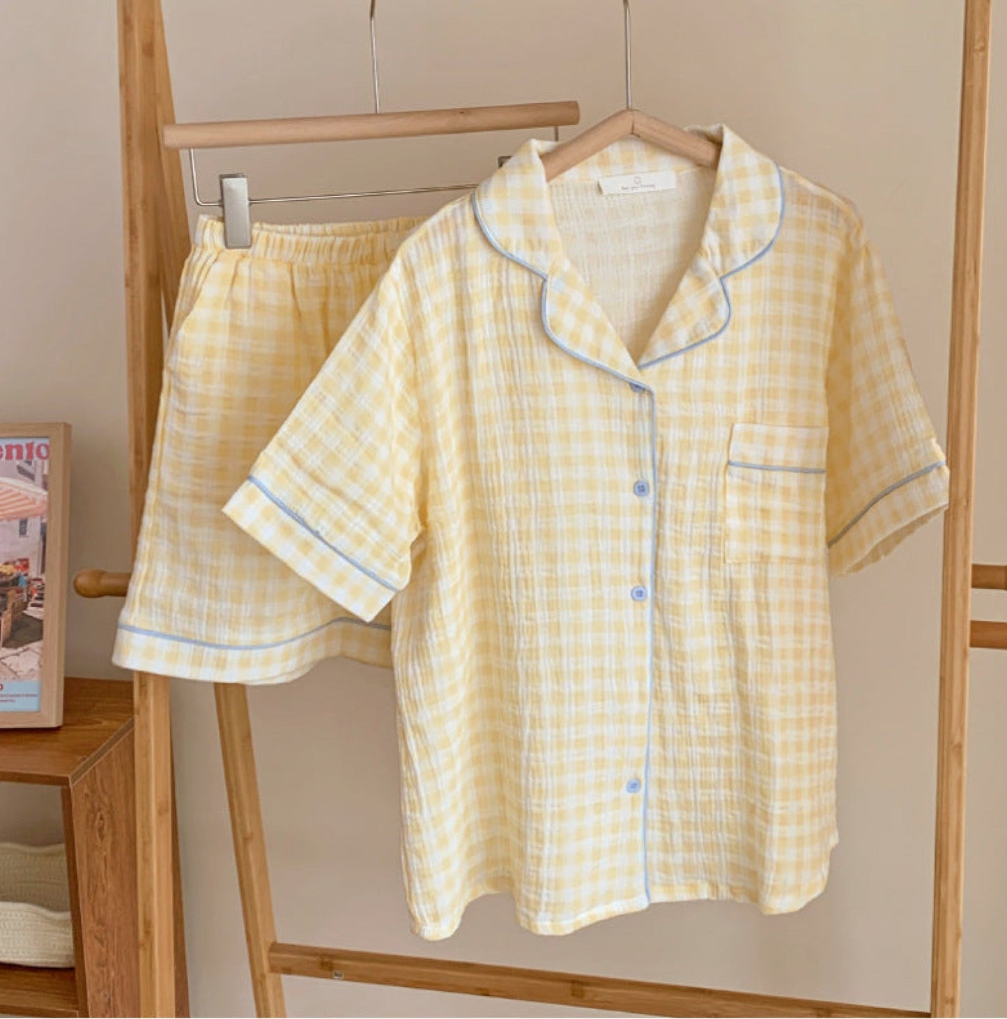 Vintage Inspired Gingham Shorts Pajama Set / Blue Red