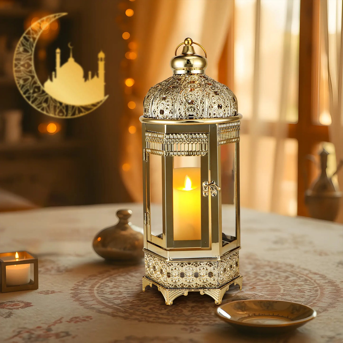 Moroccan Candle Lantern 16'' Gold Hexagonal Candle Holder