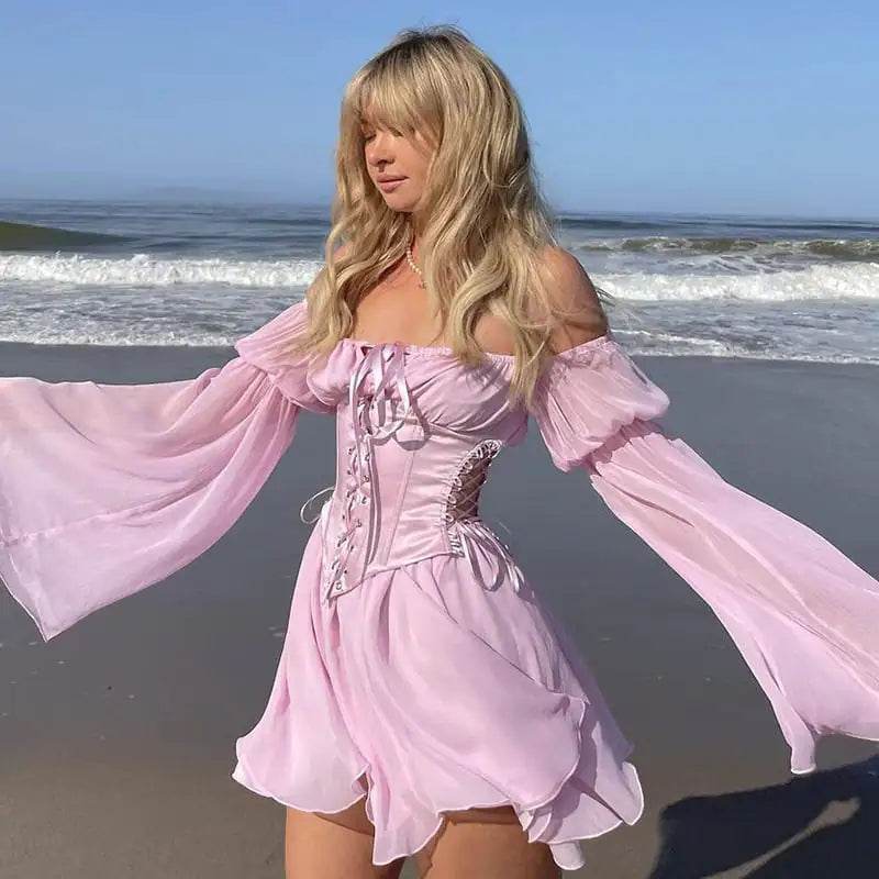 Pink Chiffon Summer Dress with Corset Detail - Concordia Style Boutique
