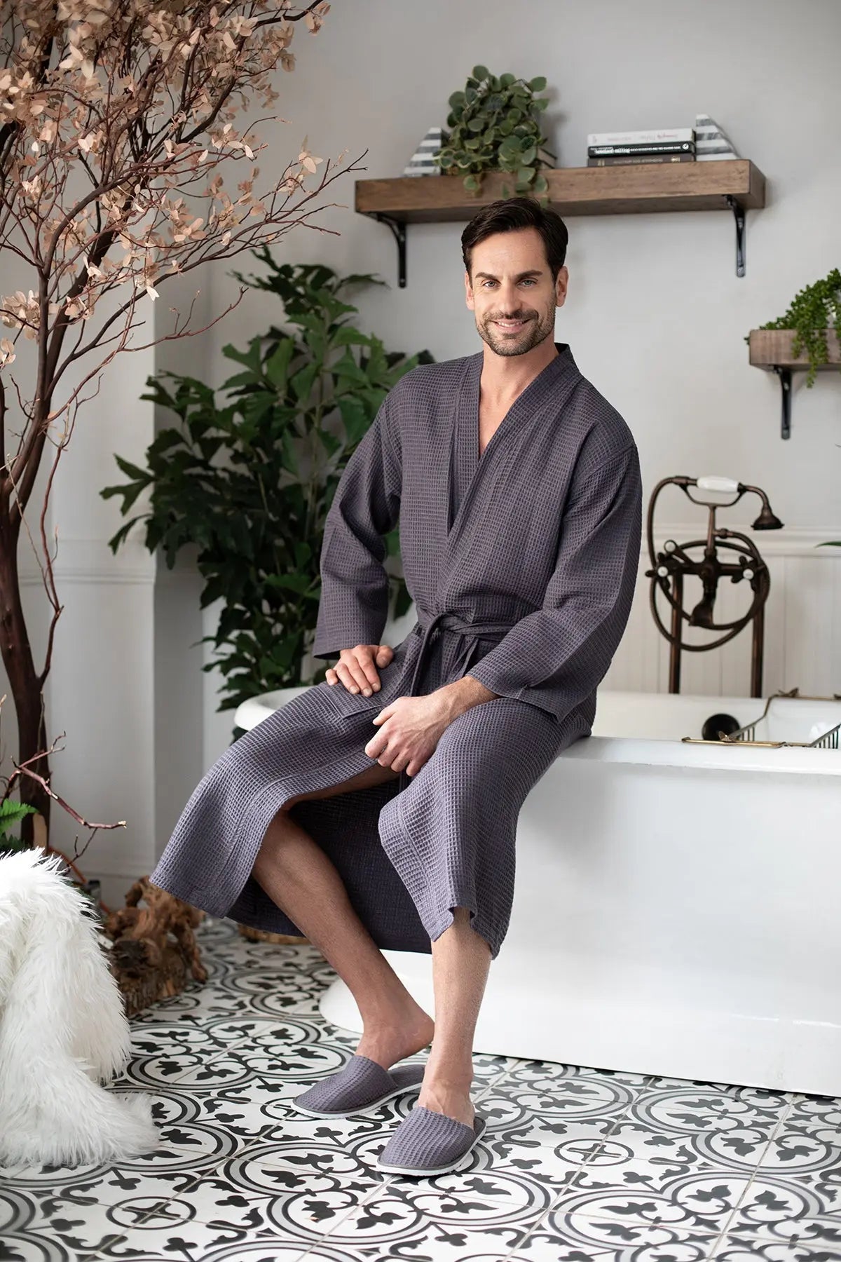 Waffle Kimono Spa Bathrobe for Men - Absorbent, Lightweight - Concordia Style Boutique