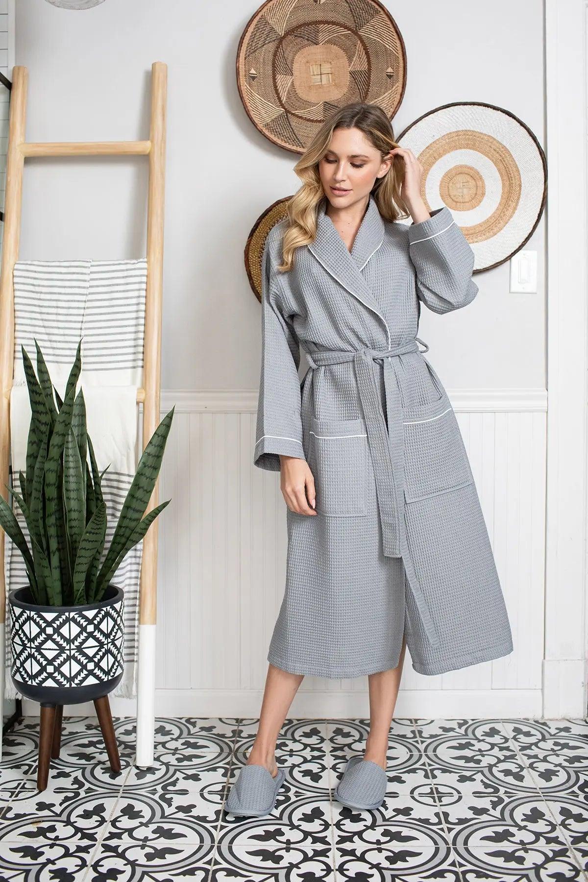 Women’s Waffle Piping Bathrobe – Lightweight Spa-Style Comfort - Concordia Style Boutique