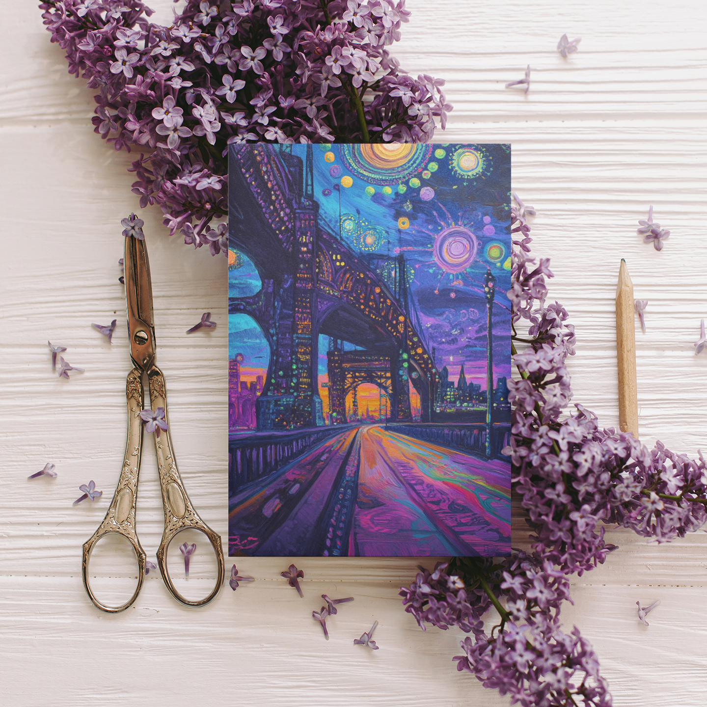 "Bright Lights" – Dreamy City Bridge Postcard - Surreal Nightscape Art Print