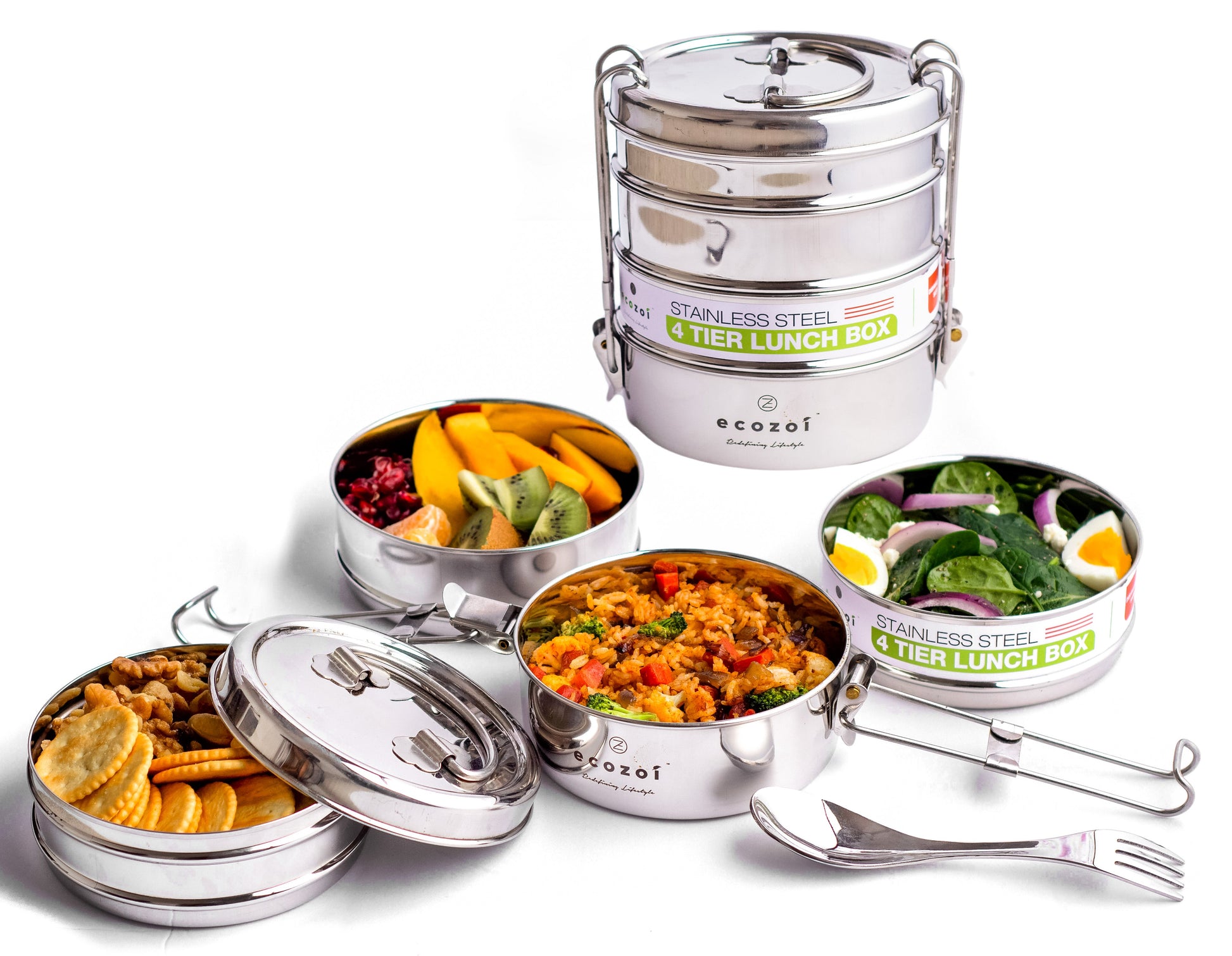 Stainless Steel Lunch Box, 4 Tier Round with Spork, 55 Oz - Concordia Style Boutique