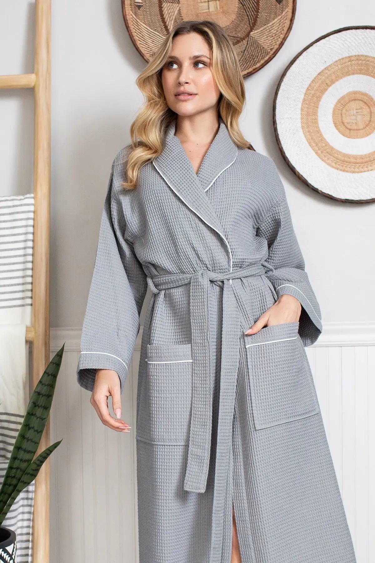 Women’s Waffle Piping Bathrobe – Lightweight Spa-Style Comfort - Concordia Style Boutique