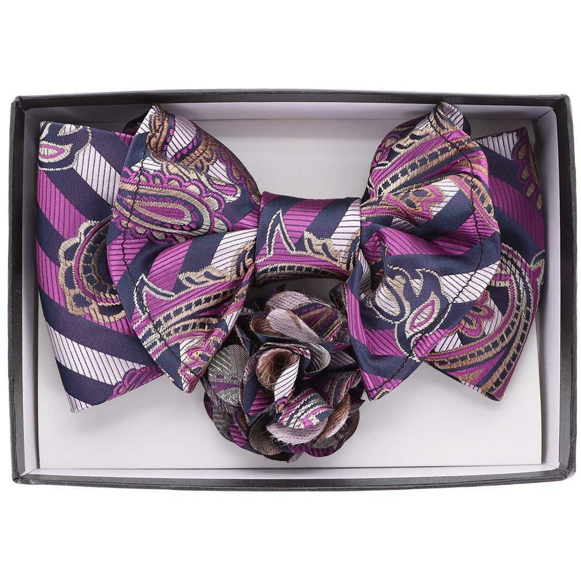 Vittorio Farina Men's Design XL Bow Tie, Pocket Square and Flower Lapel Pin in Gift Box
