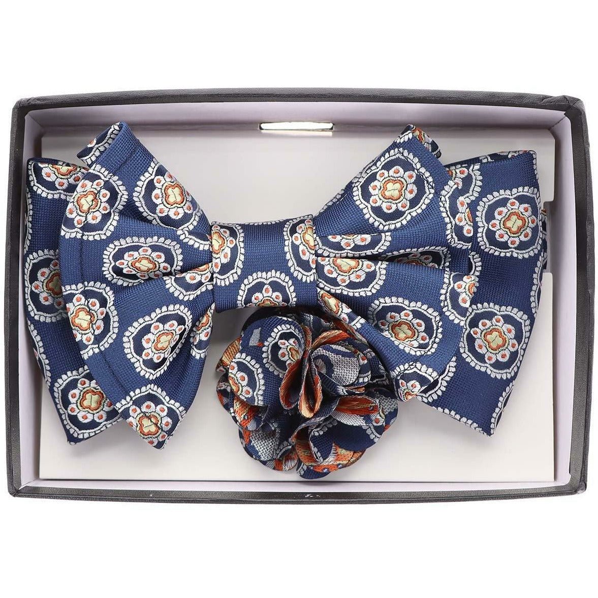 Vittorio Farina Men's Design XL Bow Tie, Pocket Square and Flower Lapel Pin in Gift Box