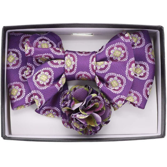 Vittorio Farina Men's Design XL Bow Tie, Pocket Square and Flower Lapel Pin in Gift Box