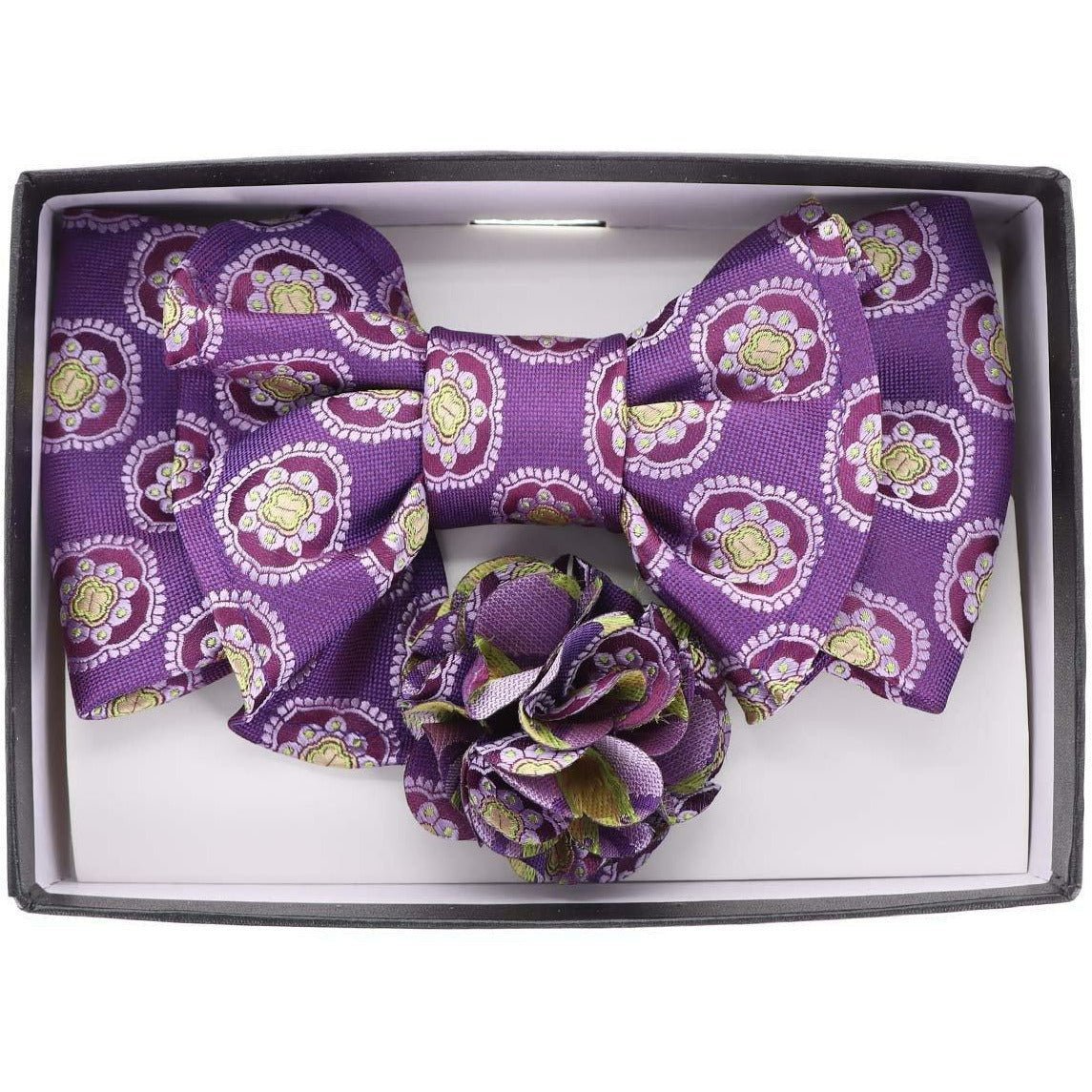 Vittorio Farina Men's Design XL Bow Tie, Pocket Square and Flower Lapel Pin in Gift Box