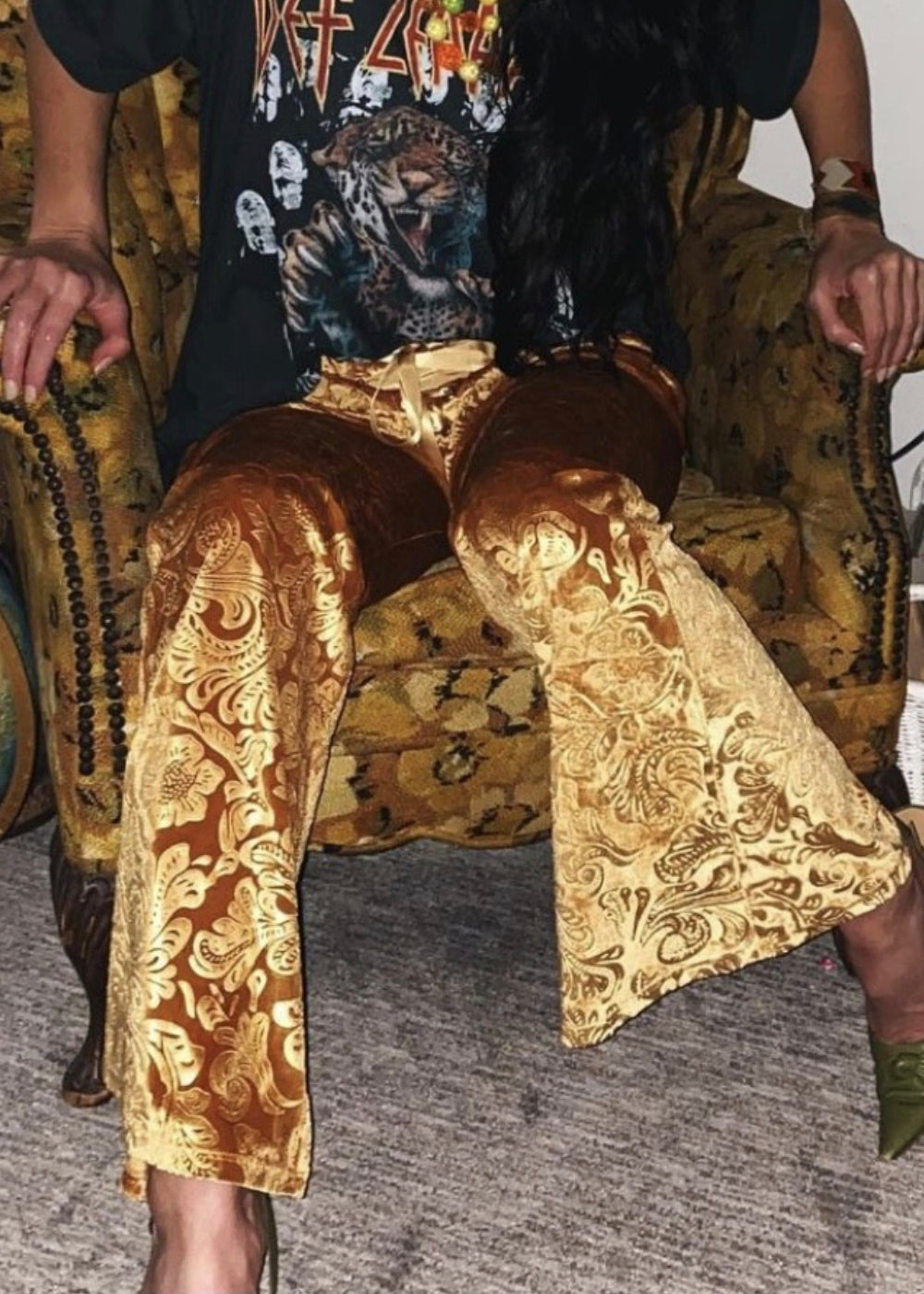 Desert Rose Mustard Yellow Burnout Velvet Flared Bell Bottom Pants - Concordia Style Boutique