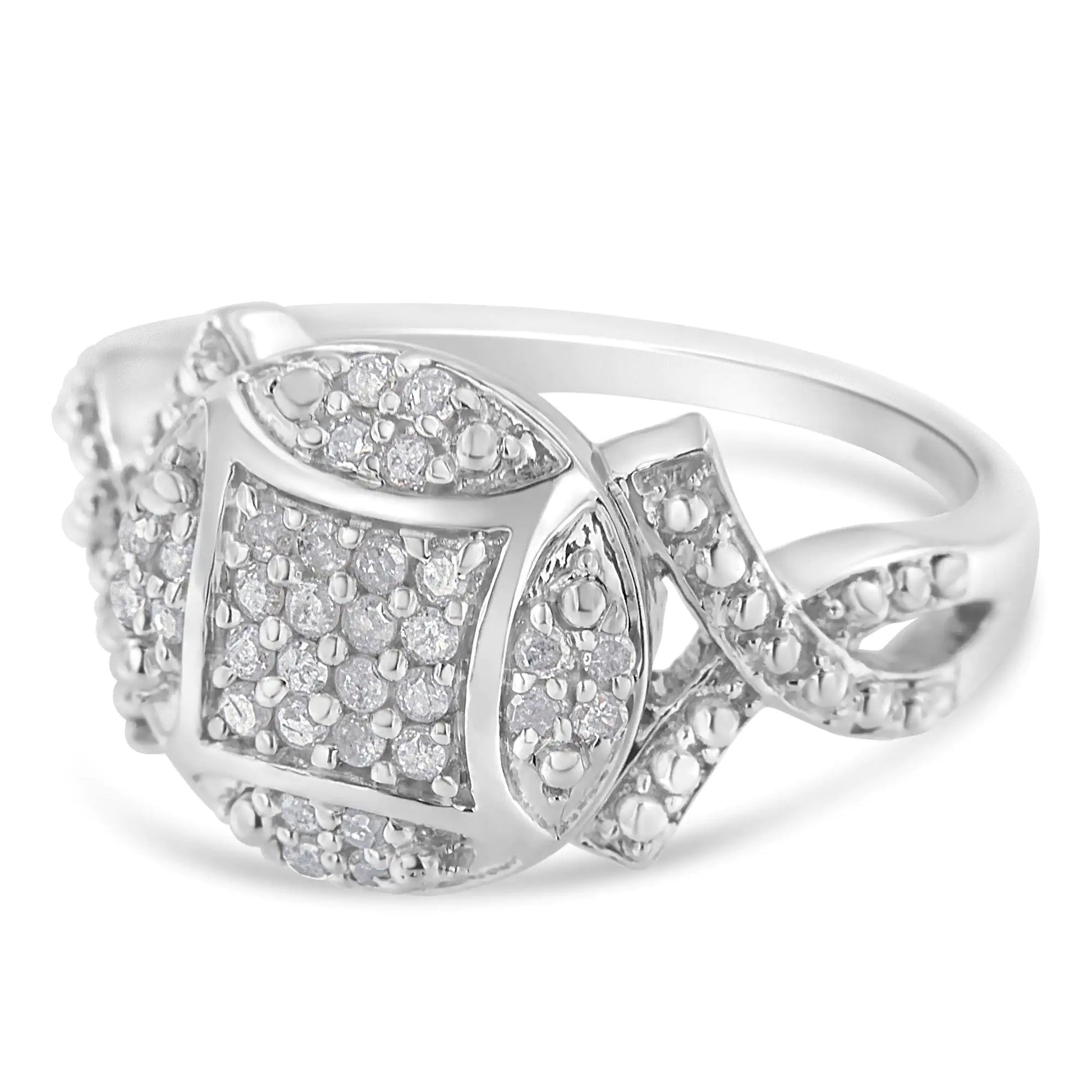 .925 Sterling Silver 1/3 Cttw Diamond Square-in-Circle Composite Cluster Ribbon Shank Fashion or Cocktail Ring (I-J Color, I3 Clarity) - Concordia Style Boutique