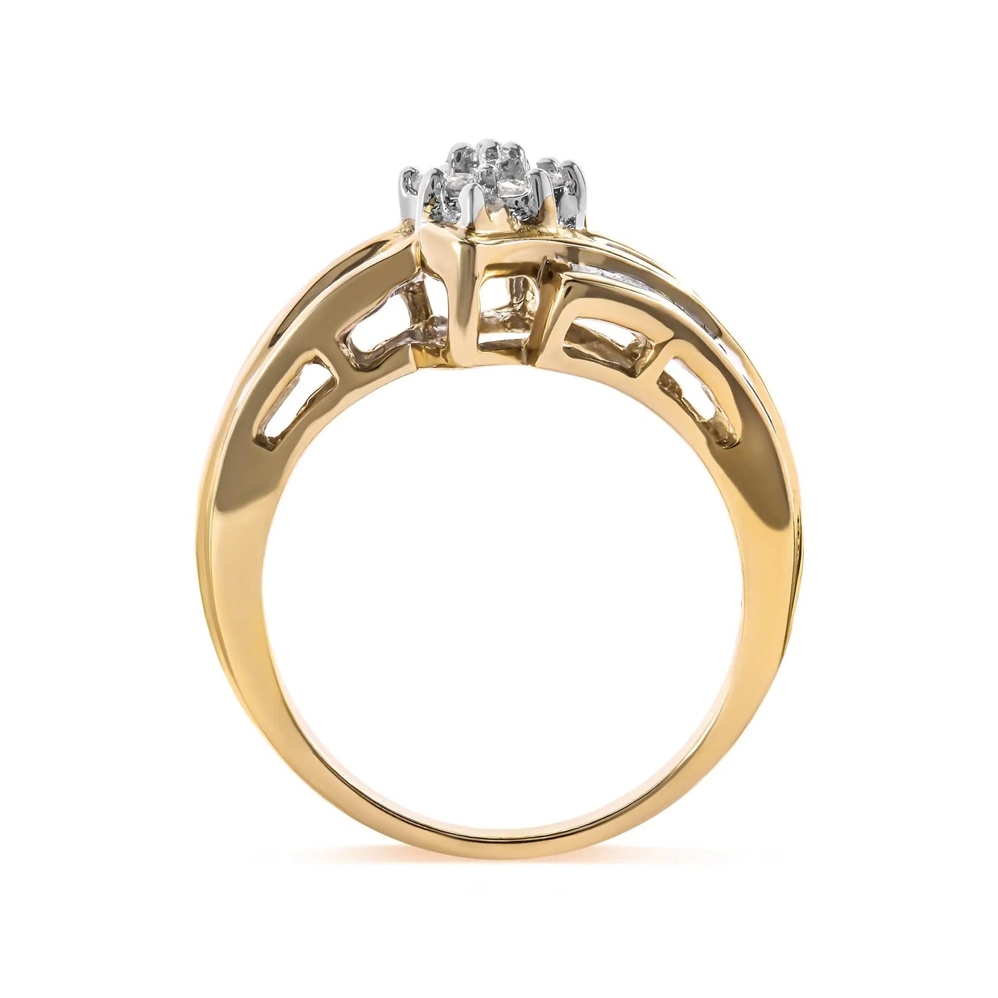 10K Yellow Gold 1/2 Cttw Round And Baguette-cut Diamond Cluster Head and Channel Set Shank Ring (H-I Color, I1-I2 Clarity) - Concordia Style Boutique