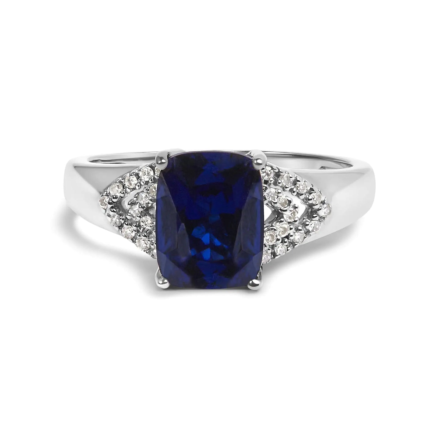 *SOLD OUT* .925 Sterling Silver 9X7 mm Cushion Cut Blue Sapphire and White Diamond Step up Engagement Ring (I-J Color, I3 Clarity) - Concordia Style Boutique