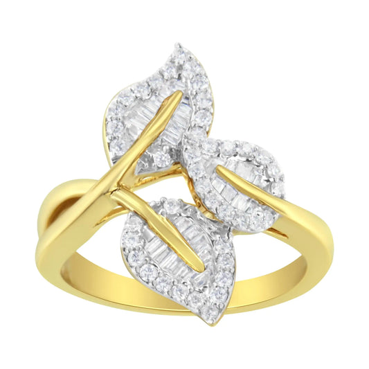 *5 Left* 10k Yellow and White Gold 1/2 Cttw Baguette and Round Diamond Bypass Triple Leaf Ring (I-J Color, I1-I2 Clarity) - Concordia Style Boutique