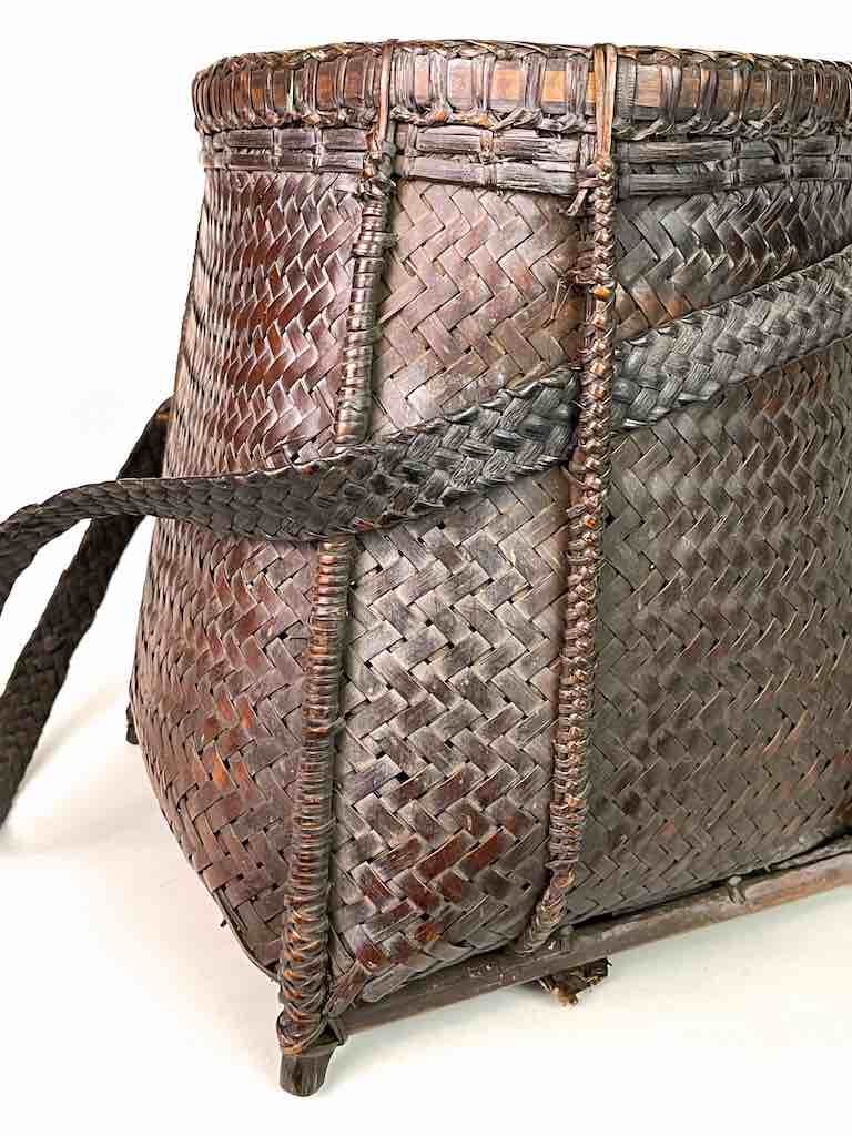 Vintage Short "Backpack" Style Vietnamese Rattan Rice Harvest BasketHeart