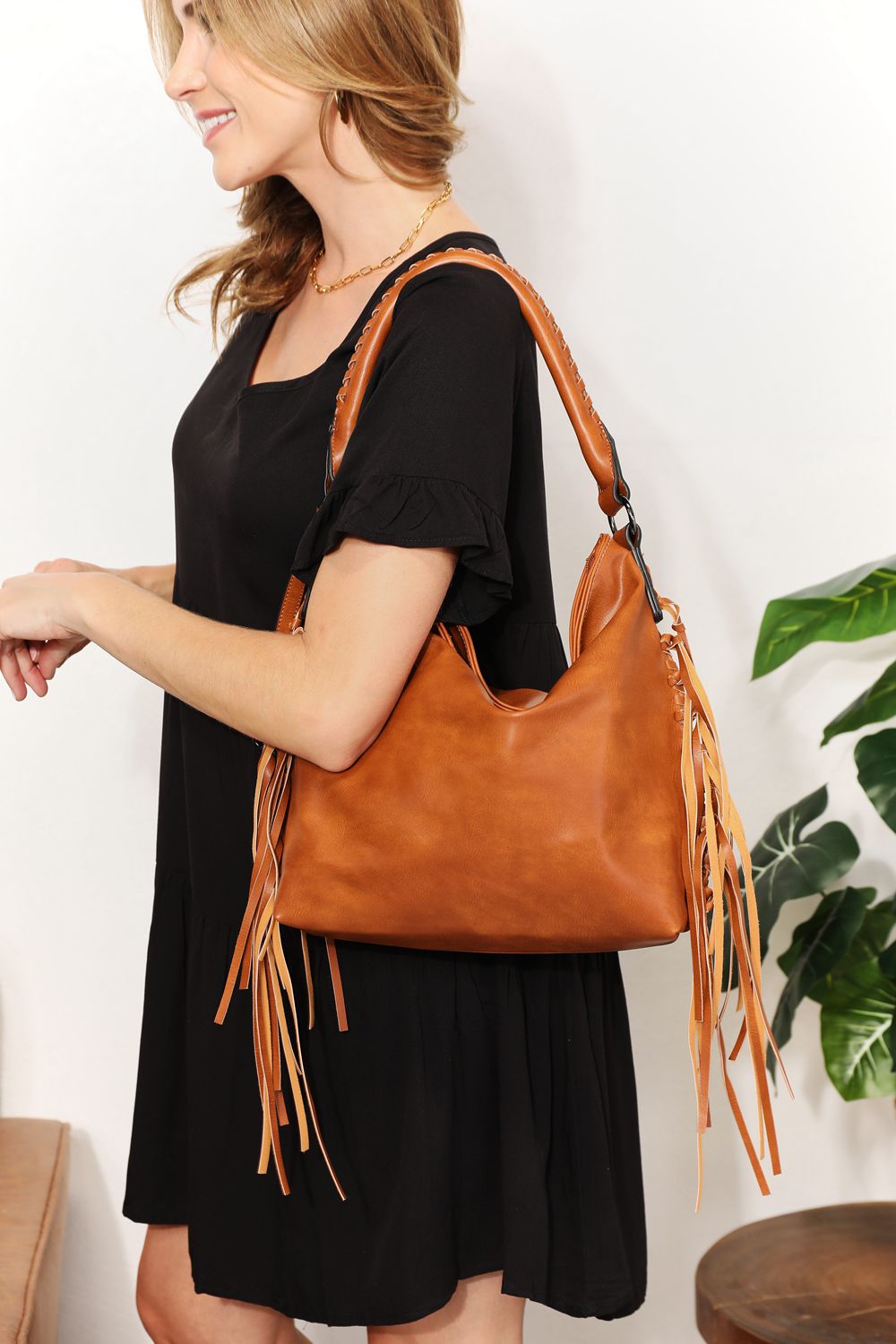SHOMICO PU Leather Fringe Detail Shoulder Bag - Premium  from Trendsi - Just $56.70! Shop now at Concordia Style Boutique