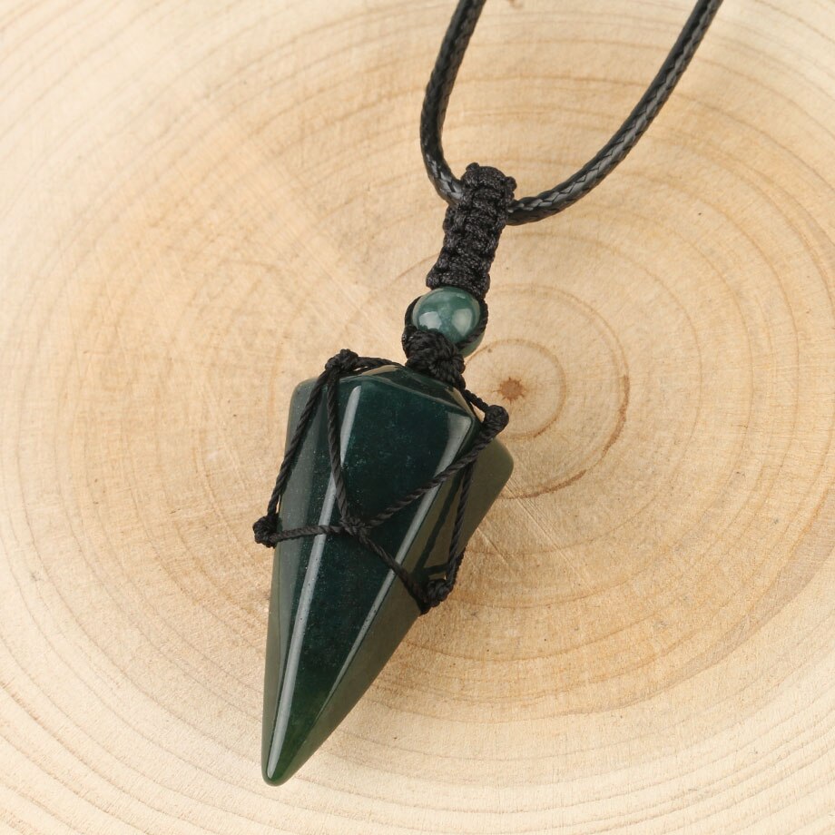 CSJA Natural Stone Cone Pendants Crystal Quartz Black Rope Wrapped Treatment Stones Necklace for Men Female Fashion Jewelry G173