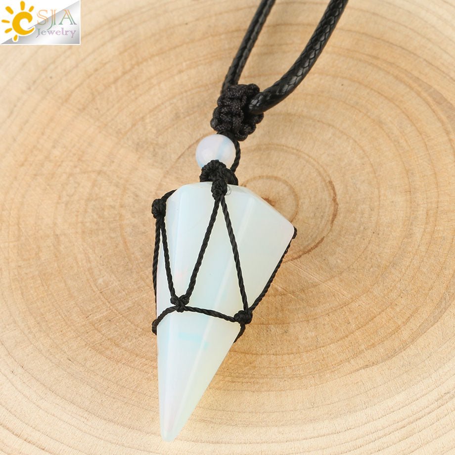 CSJA Natural Stone Cone Pendants Crystal Quartz Black Rope Wrapped Treatment Stones Necklace for Men Female Fashion Jewelry G173