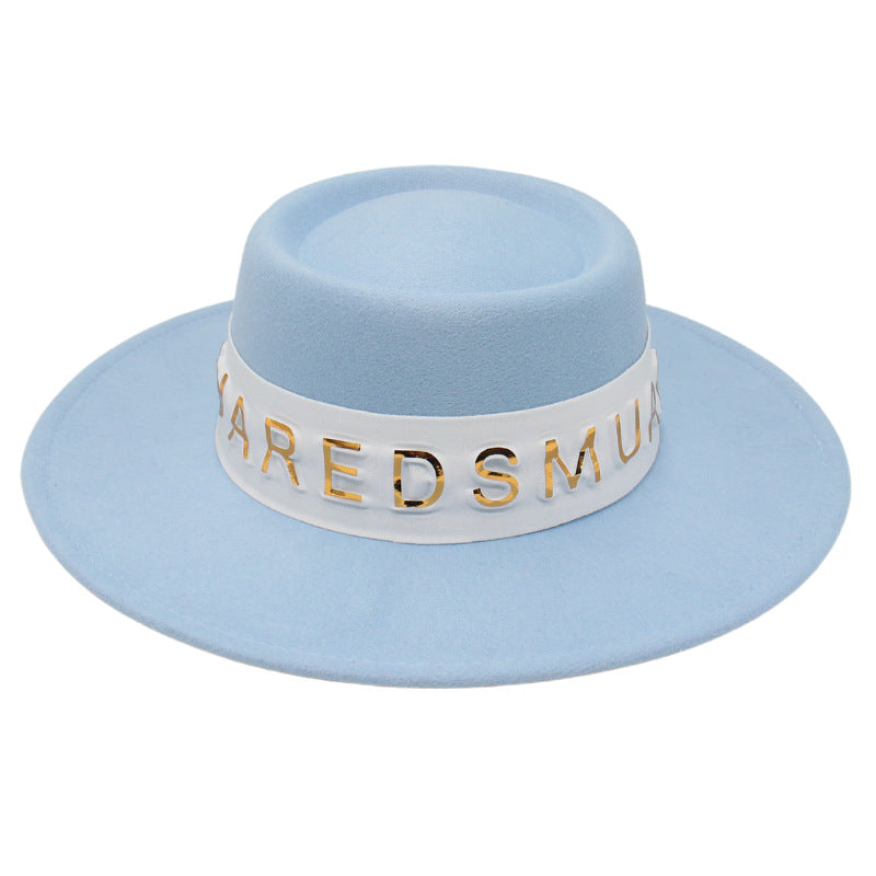 French Hepburn Style Top Hat Big Brim Golden Letter White Ribbon Concave Shape Model Photography Elegant Hat - Premium  from Concordia Style Boutique - Just $5.76! Shop now at Concordia Style Boutique