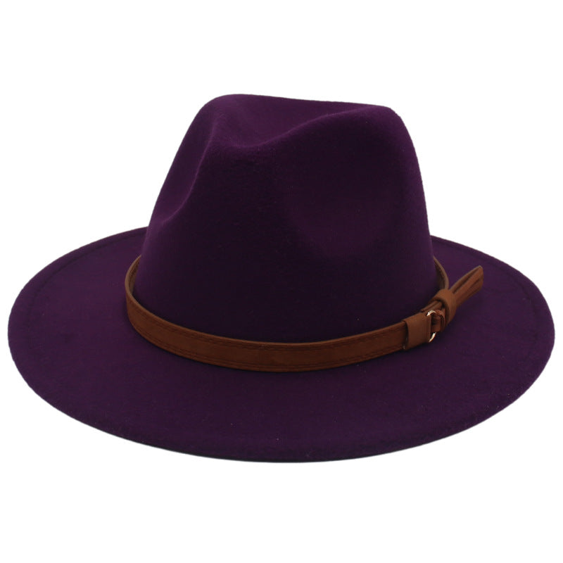 Cross-Border New Arrival Big Brim Brown Belt British Retro Felt Cap Autumn and Winter Western Denim Woolen Tibetan Hat Fedora Hat