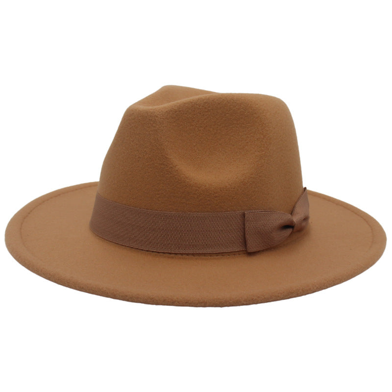 Cross-Border European and American Style Fedora Hat Autumn and Winter Broad-Brimmed Hat Fashion Bowknot Flat Brim Top Hat Men and Women Woolen Felt Hat