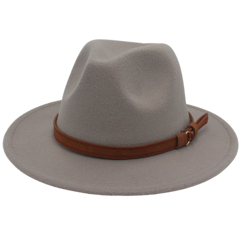 Cross-Border New Arrival Big Brim Brown Belt British Retro Felt Cap Autumn and Winter Western Denim Woolen Tibetan Hat Fedora Hat