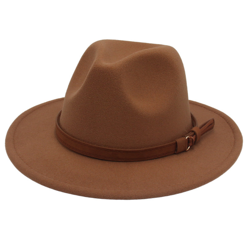 Cross-Border New Arrival Big Brim Brown Belt British Retro Felt Cap Autumn and Winter Western Denim Woolen Tibetan Hat Fedora Hat