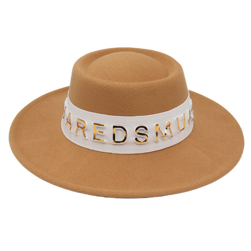 French Hepburn Style Top Hat Big Brim Golden Letter White Ribbon Concave Shape Model Photography Elegant Hat