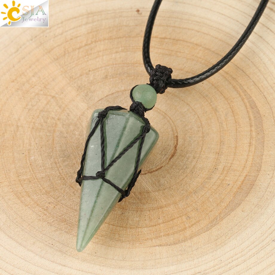 CSJA Natural Stone Cone Pendants Crystal Quartz Black Rope Wrapped Treatment Stones Necklace for Men Female Fashion Jewelry G173