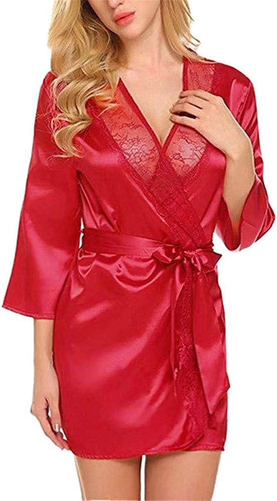 Psunrise Pijamas Women Casual Black Simulation Silk Satin Kimono Robe Lace Bandage Bathrobe Lingerie Sleepwear Pajamas - Premium Kimono from Psunrise - Just $9.05! Shop now at Concordia Style Boutique