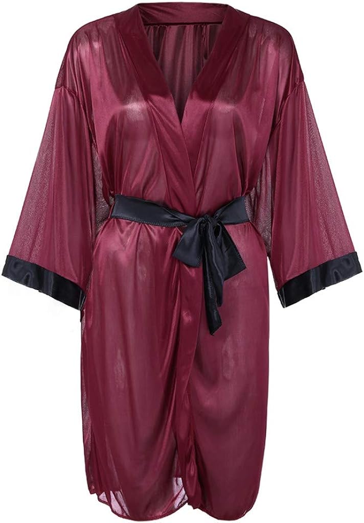 Pajamas Women Casual Black Simulation Silk Satin Kimono Robe Lace Bandage Bathrobe Lingerie Sleepwear Pajamas - Premium Kimono from Psunrise - Just $9.05! Shop now at Concordia Style Boutique