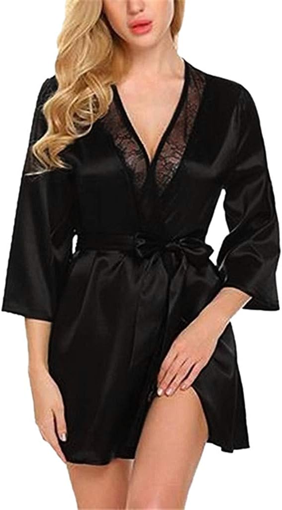 Pajamas Women Casual Black Simulation Silk Satin Kimono Robe Lace Bandage Bathrobe Lingerie Sleepwear Pajamas - Premium Kimono from Psunrise - Just $9.05! Shop now at Concordia Style Boutique