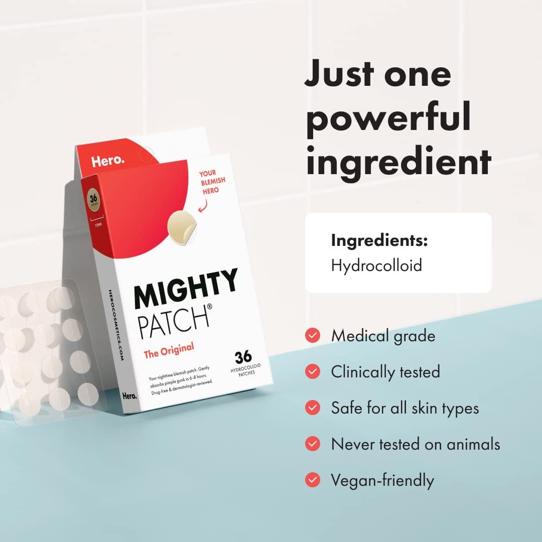 Mighty Patch Original from Hero Cosmetics - Hydrocolloid Acne Pimple Patch for Covering Zits and Blemishes, Spot Stickers for Face and Skin, Vegan-friendly and Not Tested on Animals (36 Count) - Premium  from Concordia Style Boutique - Just $14.71! Shop now at Concordia Style Boutique