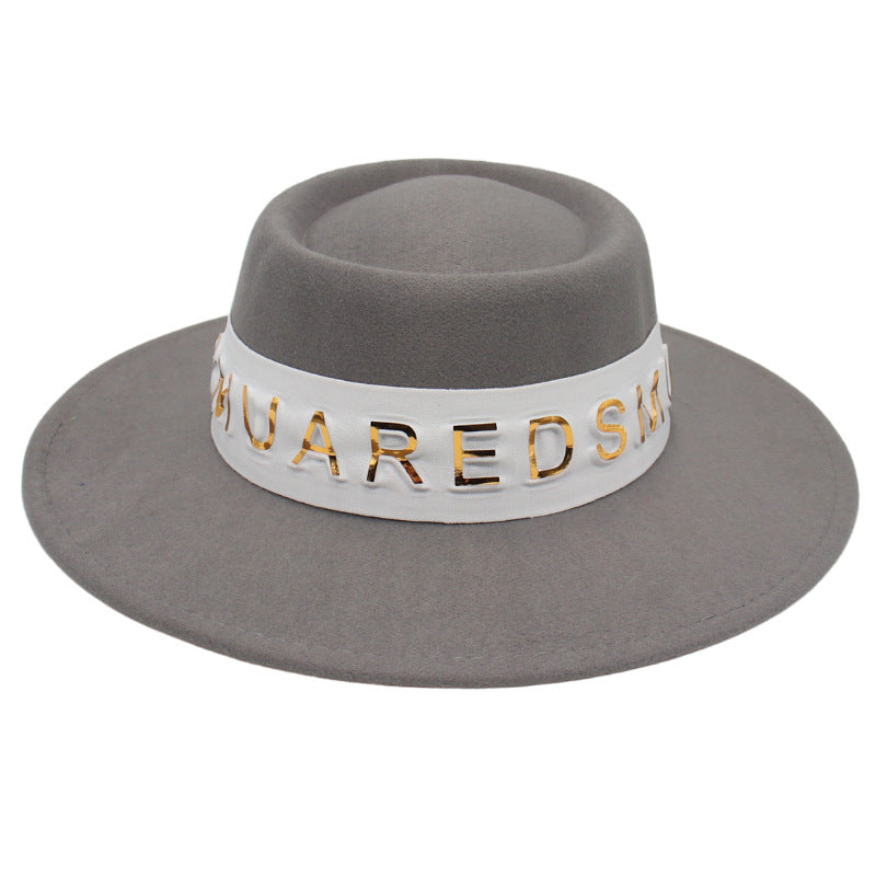 French Hepburn Style Top Hat Big Brim Golden Letter White Ribbon Concave Shape Model Photography Elegant Hat