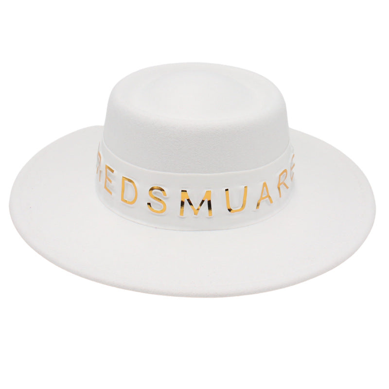 French Hepburn Style Top Hat Big Brim Golden Letter White Ribbon Concave Shape Model Photography Elegant Hat