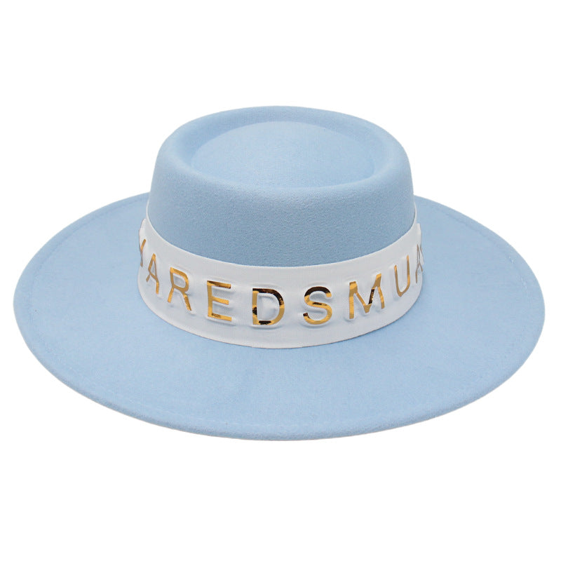 French Hepburn Style Top Hat Big Brim Golden Letter White Ribbon Concave Shape Model Photography Elegant Hat